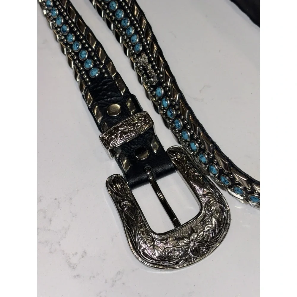 Kippys Black Leather Belt - Turquoise and Silver